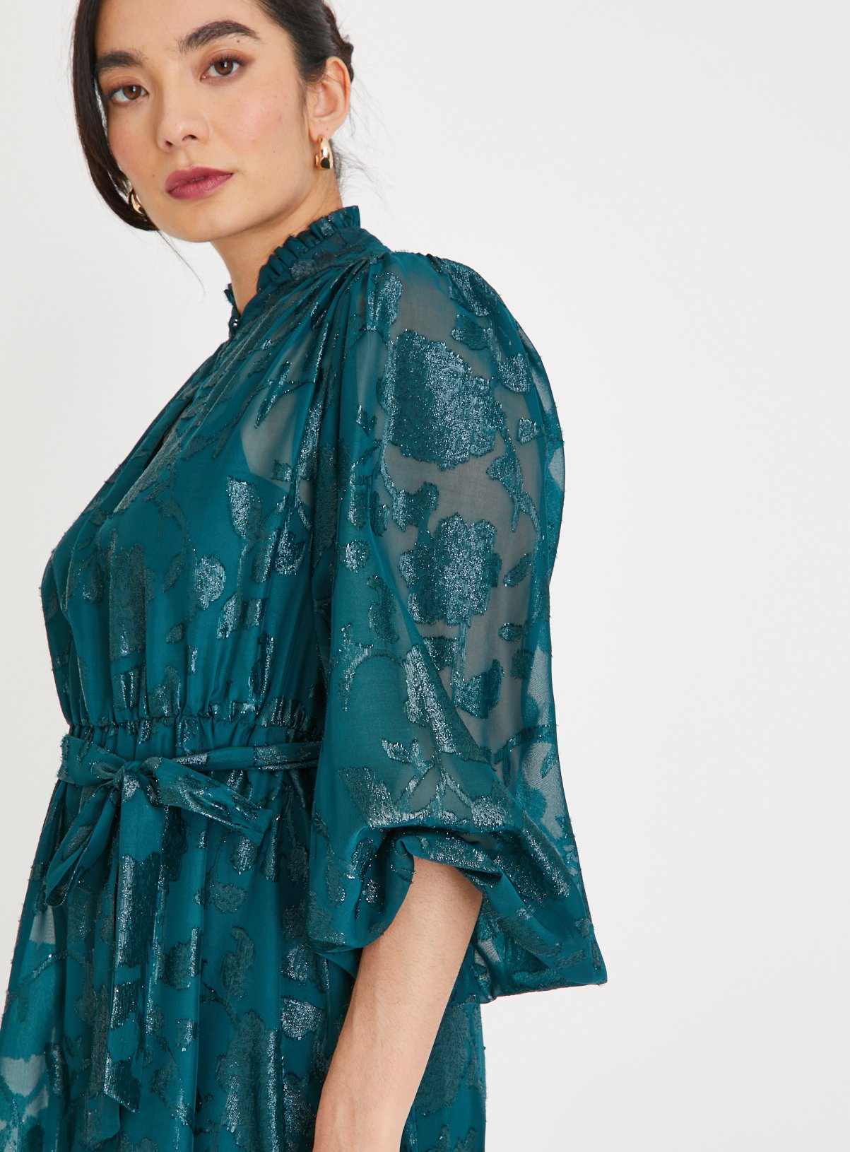 Green Jacquard Floral Belted Midi Dress 10 - Image 3 thumbnail